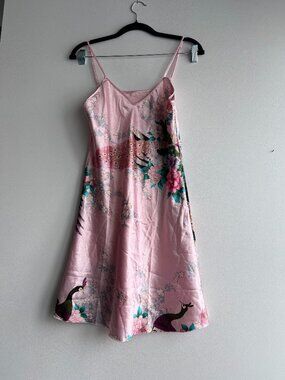 Vintage SM Small Pink Floral Peacock Y2K Satin Style Sleep Lingerie Slip Dress